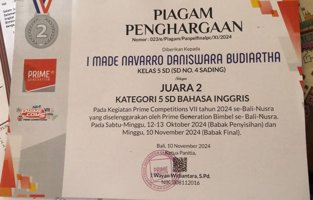 Piagam Juara 2 I Made Navarro Daniswara Budiartha (Dok SDN 4 Sading)